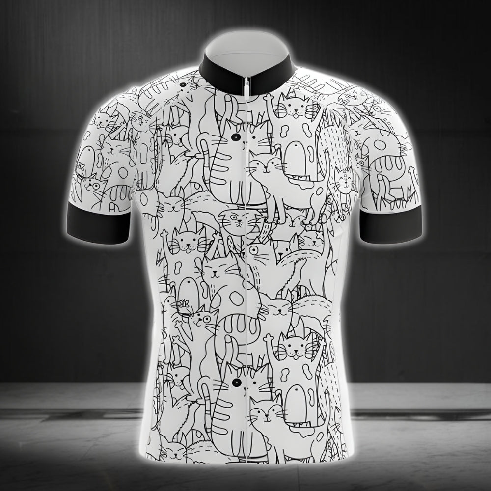 Black And White Cat Cycling Short Sleeve Jersey For Mens, Cat Lovers Cycling Jerseys CG0012