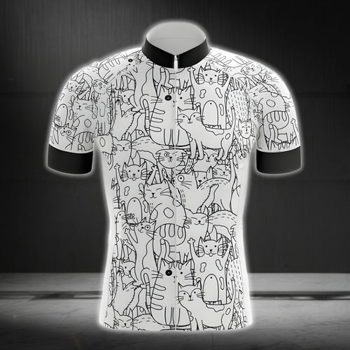 Black And White Cat Cycling Short Sleeve Jersey For Mens, Cat Lovers Cycling Jerseys CG0012