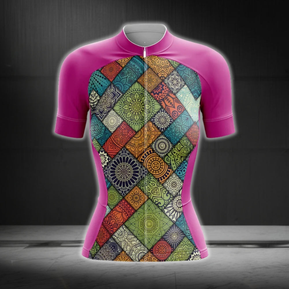 Women's Pink Mandala Cycling Short Sleeve Jersey, Mandala Cycling Jersey For Ladies CG0286