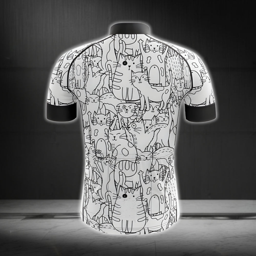 Black And White Cat Cycling Short Sleeve Jersey For Mens, Cat Lovers Cycling Jerseys CG0012