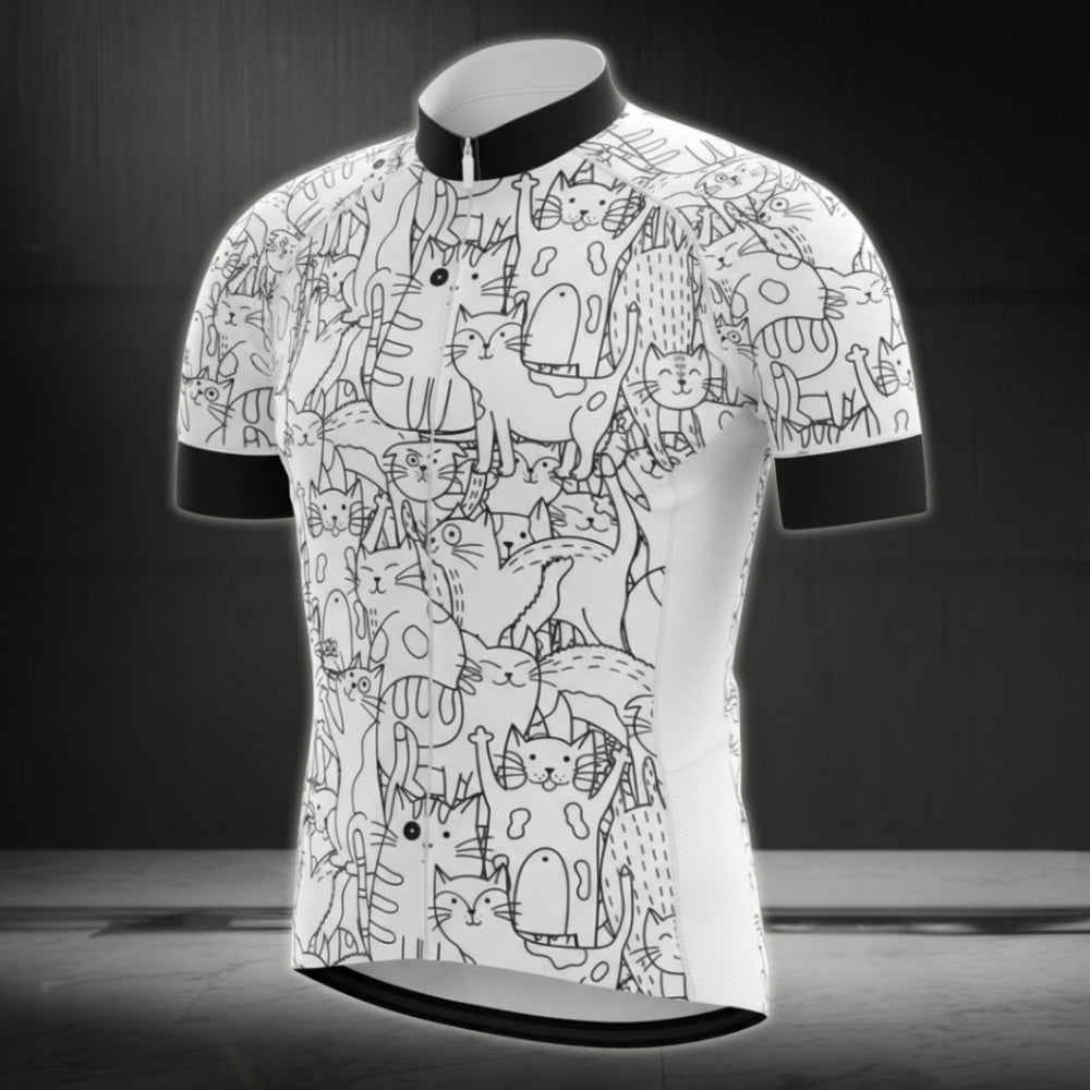 Black And White Cat Cycling Short Sleeve Jersey For Mens, Cat Lovers Cycling Jerseys CG0012