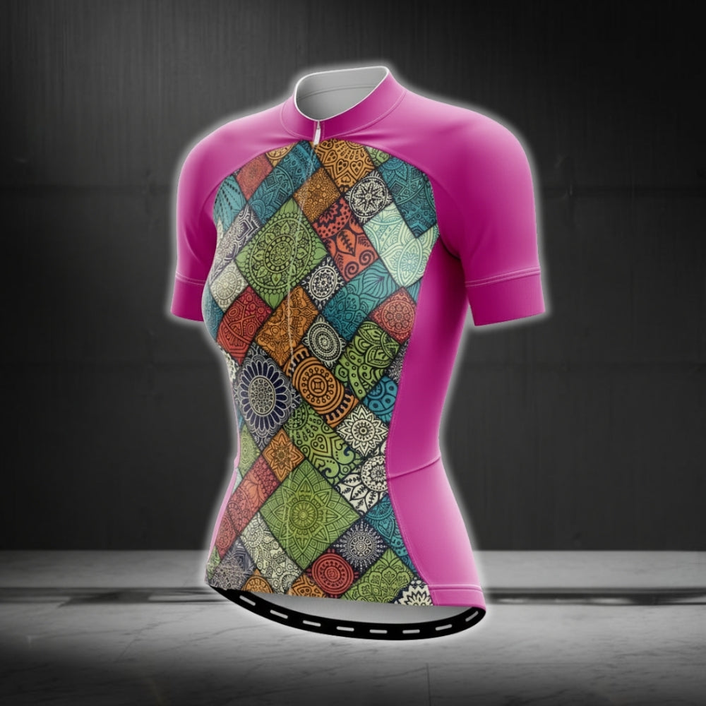 Women's Pink Mandala Cycling Short Sleeve Jersey, Mandala Cycling Jersey For Ladies CG0286