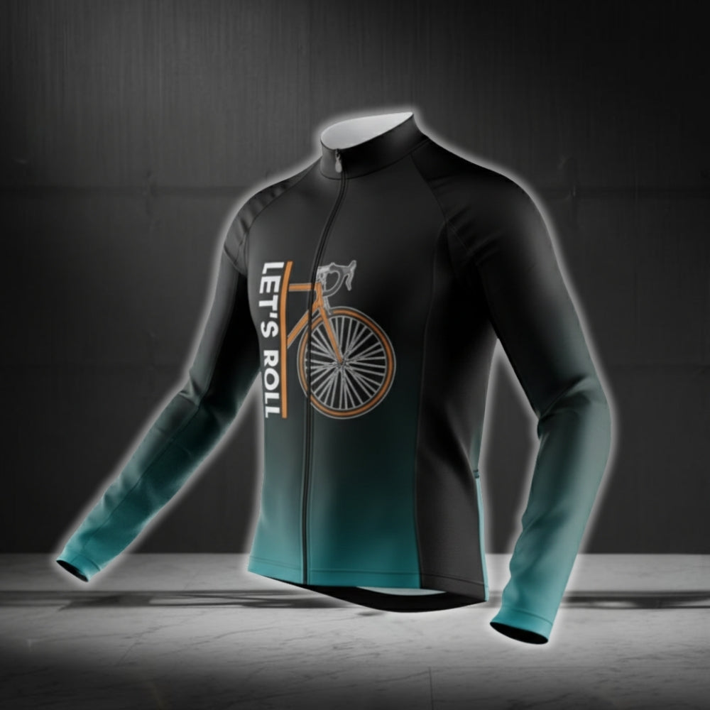 Let's Roll Long Sleeve Men's Cycling Jersey, Black And Cyan Cycling Jerseys CG0728