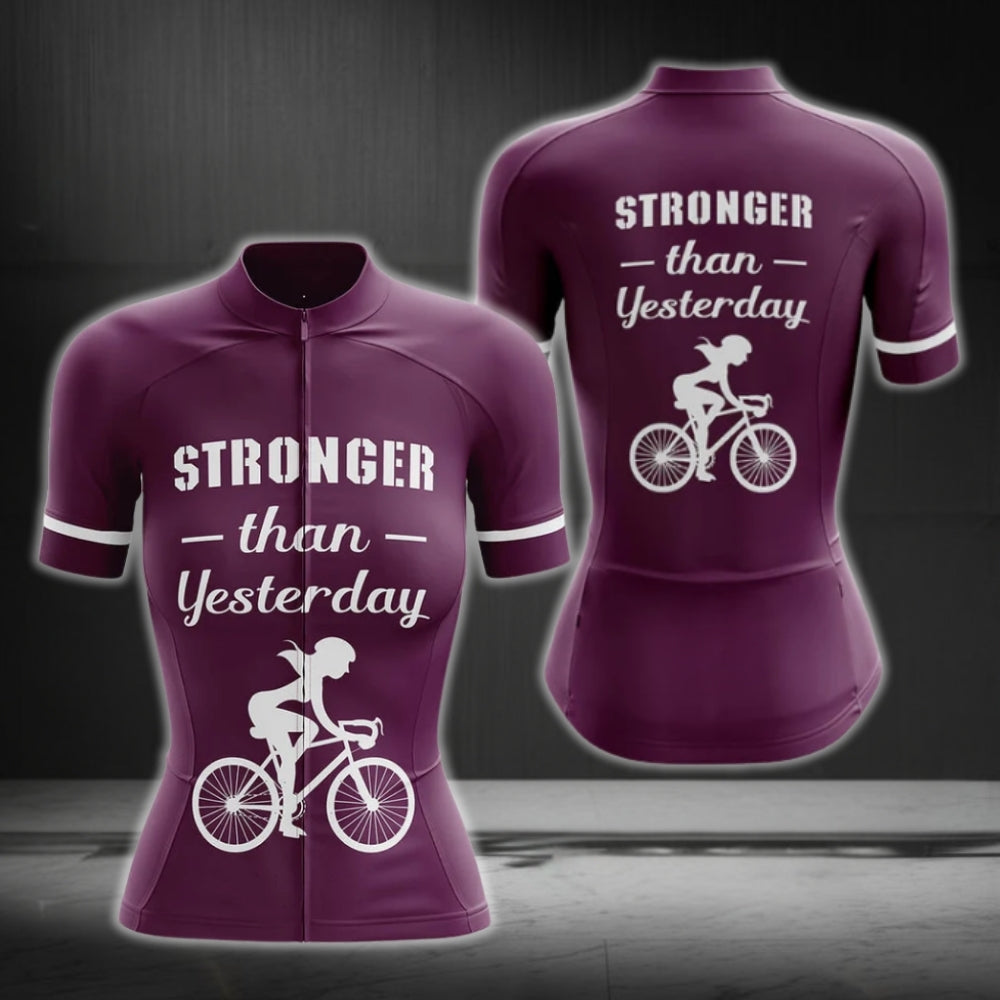Stronger Than Yesterday Purple Short Sleeve Women's Cycling Jersey, Purple Cycling Jerseys For Womens CG0288