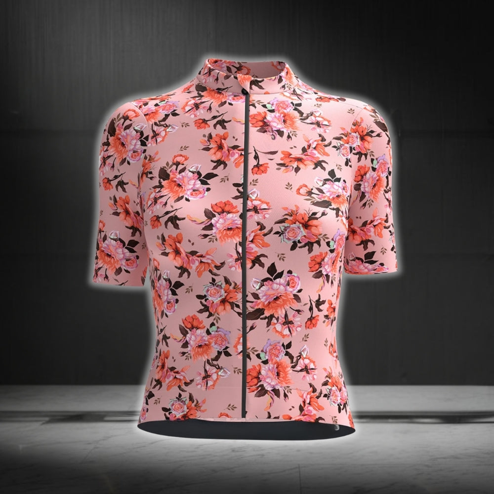 Women's Pink Flowers Cycling Short Sleeve Jersey, Floral Cycling Jersey For Women CG0674