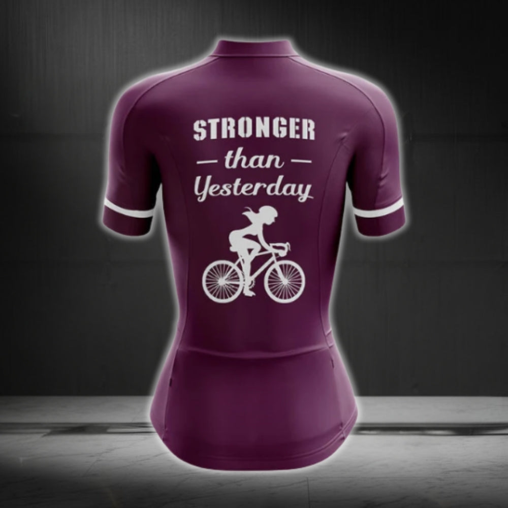 Stronger Than Yesterday Purple Short Sleeve Women's Cycling Jersey, Purple Cycling Jerseys For Womens CG0288