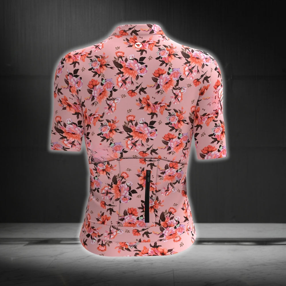 Women's Pink Flowers Cycling Short Sleeve Jersey, Floral Cycling Jersey For Women CG0674