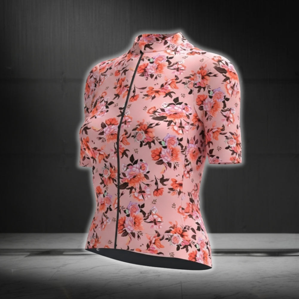 Women's Pink Flowers Cycling Short Sleeve Jersey, Floral Cycling Jersey For Women CG0674
