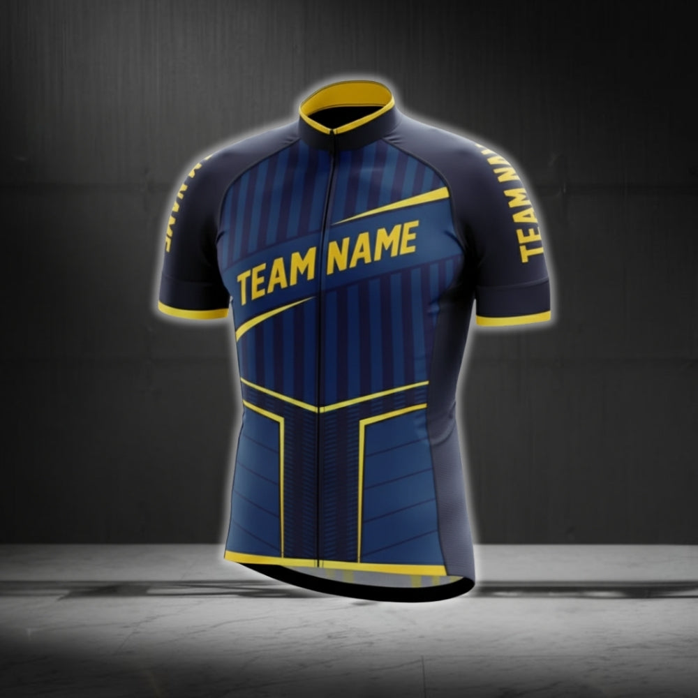 Custom Navy Yellow Cycling Team Short Sleeve Jersey For Men, Custom Navy Cycling Jerseys CG0512