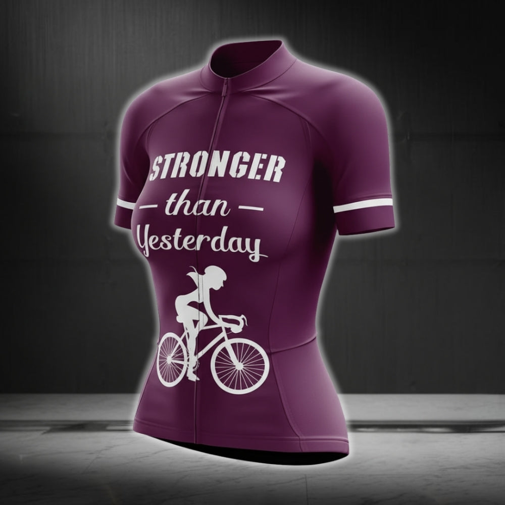 Stronger Than Yesterday Purple Short Sleeve Women's Cycling Jersey, Purple Cycling Jerseys For Womens CG0288