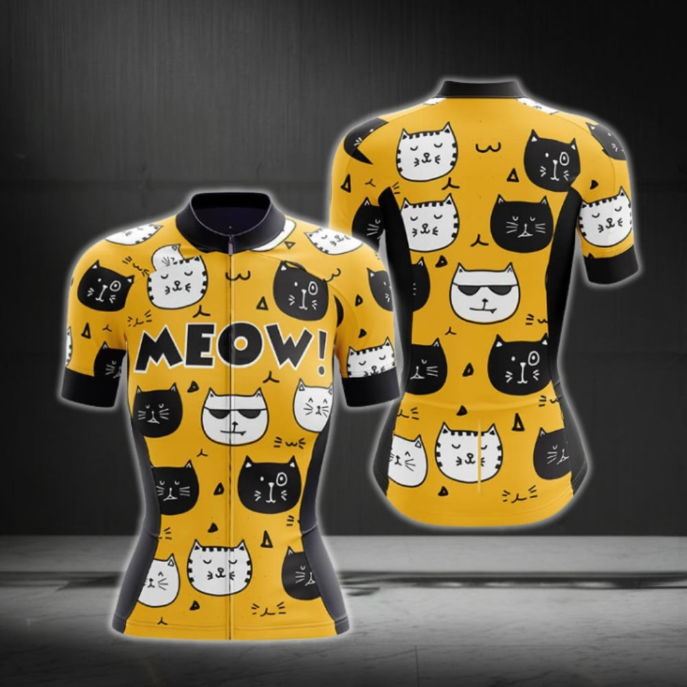 Black And Yellow Cats Short Sleeve Cycling Jersey For Ladies, Cat Lovers Cycling Jersey For Women CG0676