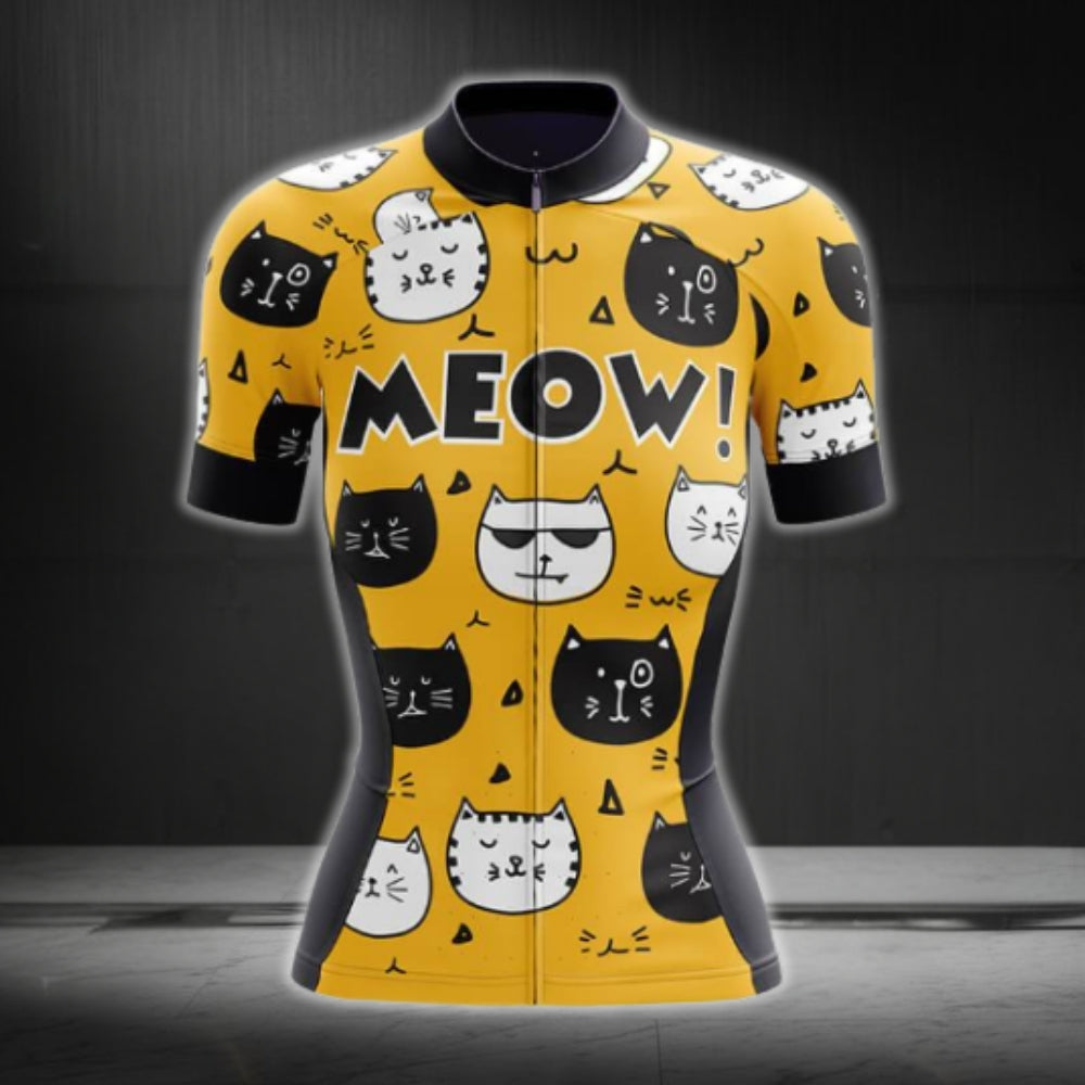 Black And Yellow Cats Short Sleeve Cycling Jersey For Ladies, Cat Lovers Cycling Jersey For Women CG0676