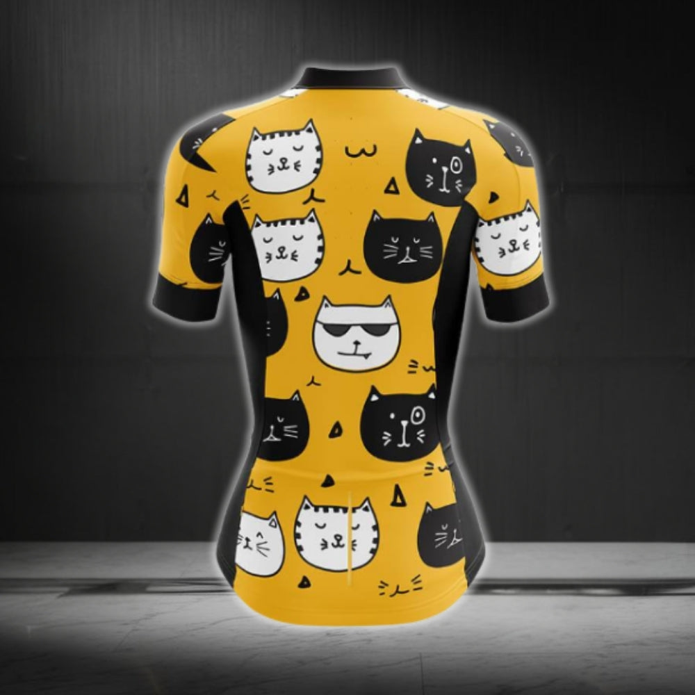 Black And Yellow Cats Short Sleeve Cycling Jersey For Ladies, Cat Lovers Cycling Jersey For Women CG0676