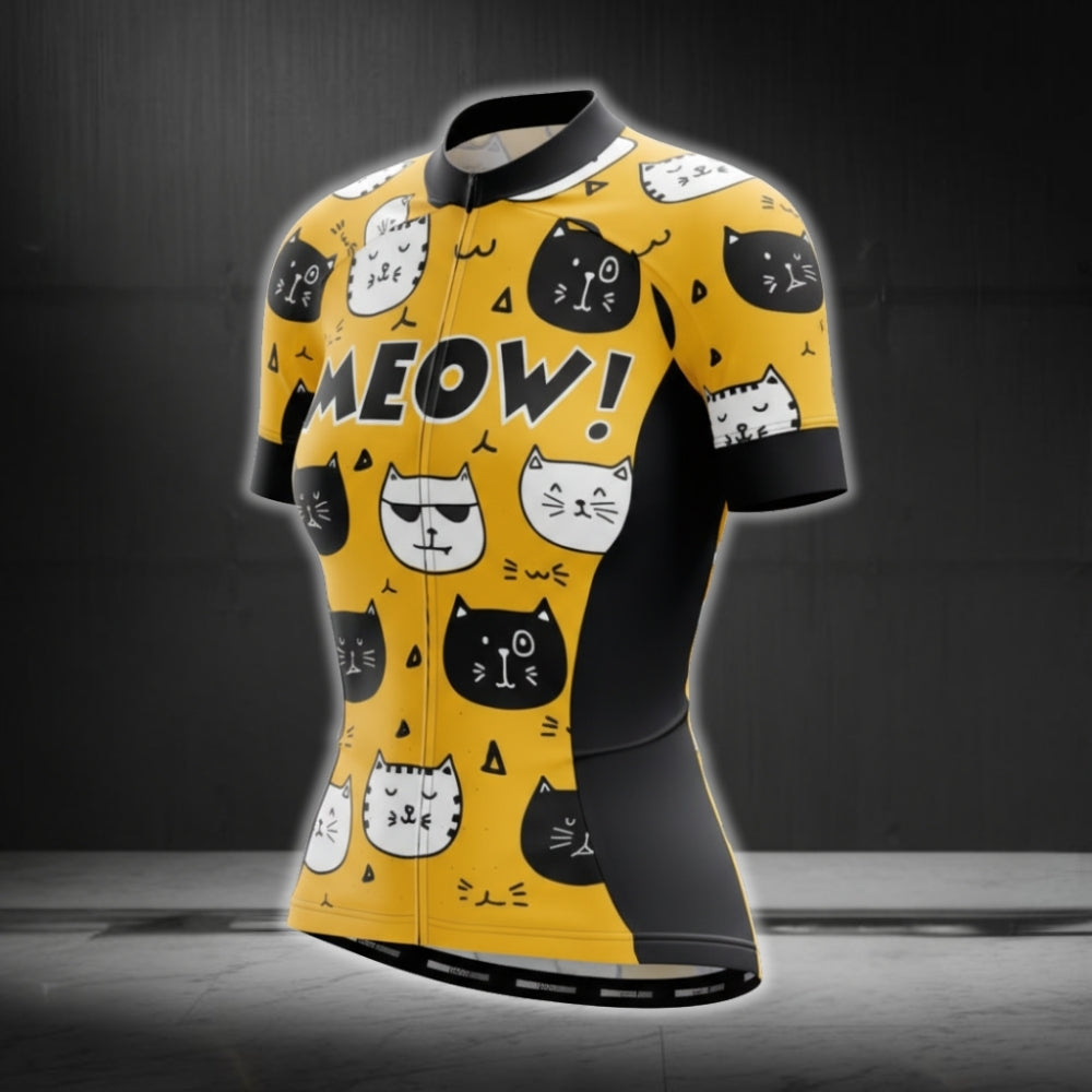 Black And Yellow Cats Short Sleeve Cycling Jersey For Ladies, Cat Lovers Cycling Jersey For Women CG0676
