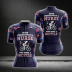 Never Underestimate A Nurse Who Rides A Bicycle Tropical Cycling Short Sleeve Jersey, Funny Cycling Jersey For Nurse CG0737