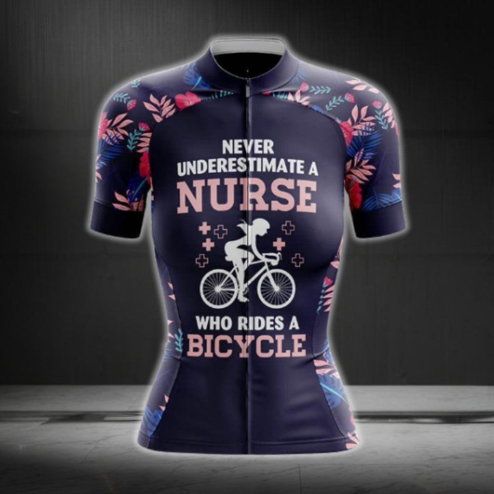 Never Underestimate A Nurse Who Rides A Bicycle Tropical Cycling Short Sleeve Jersey, Funny Cycling Jersey For Nurse CG0737