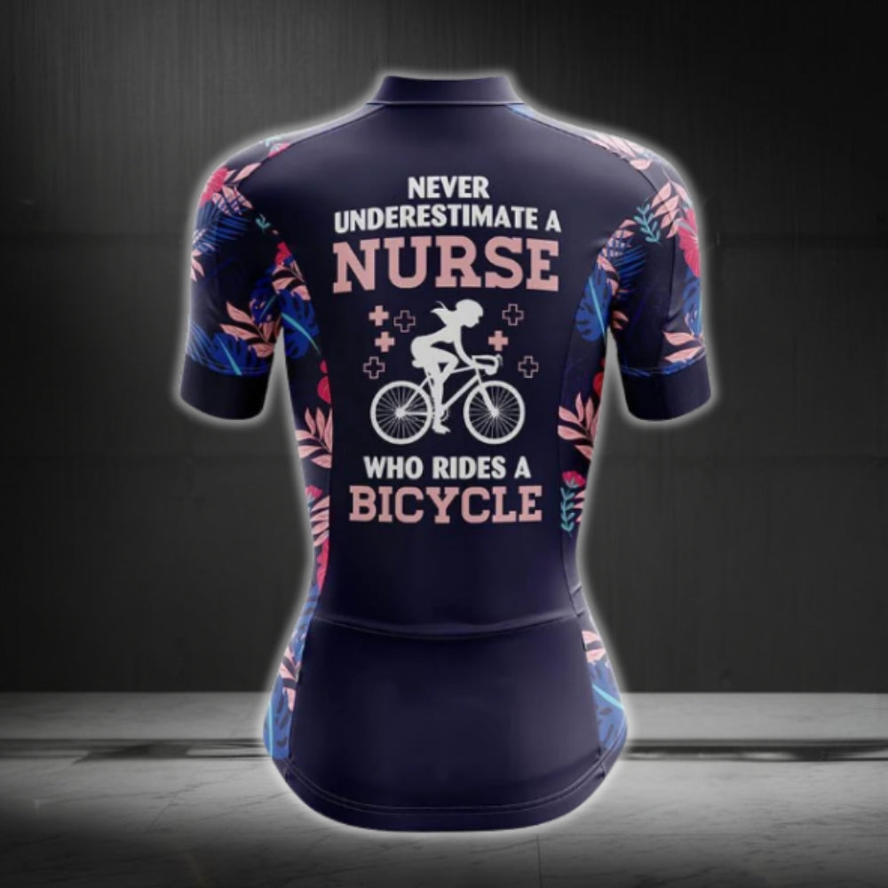 Never Underestimate A Nurse Who Rides A Bicycle Tropical Cycling Short Sleeve Jersey, Funny Cycling Jersey For Nurse CG0737