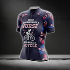 Never Underestimate A Nurse Who Rides A Bicycle Tropical Cycling Short Sleeve Jersey, Funny Cycling Jersey For Nurse CG0737