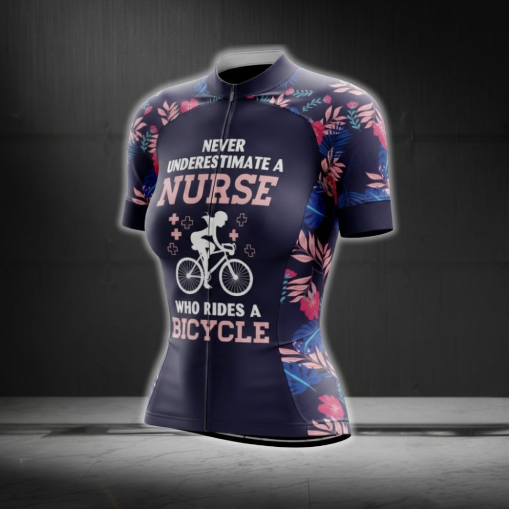 Never Underestimate A Nurse Who Rides A Bicycle Tropical Cycling Short Sleeve Jersey, Funny Cycling Jersey For Nurse CG0737