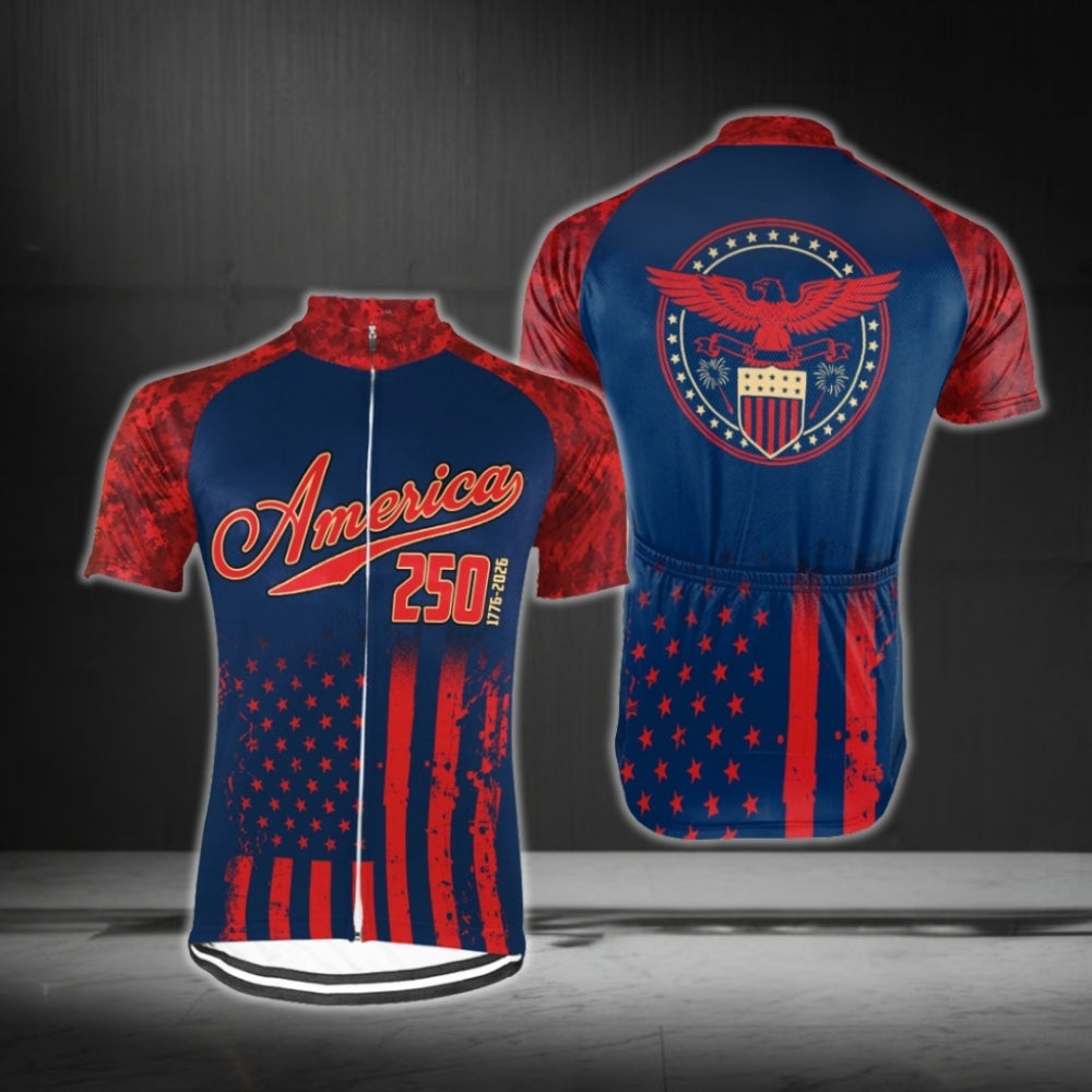 Custom 250 America US Flag Red And Blue Cycling Short Sleeve Men Jersey, Custom Cycling Jerseys For 250 Anniversary CG0679