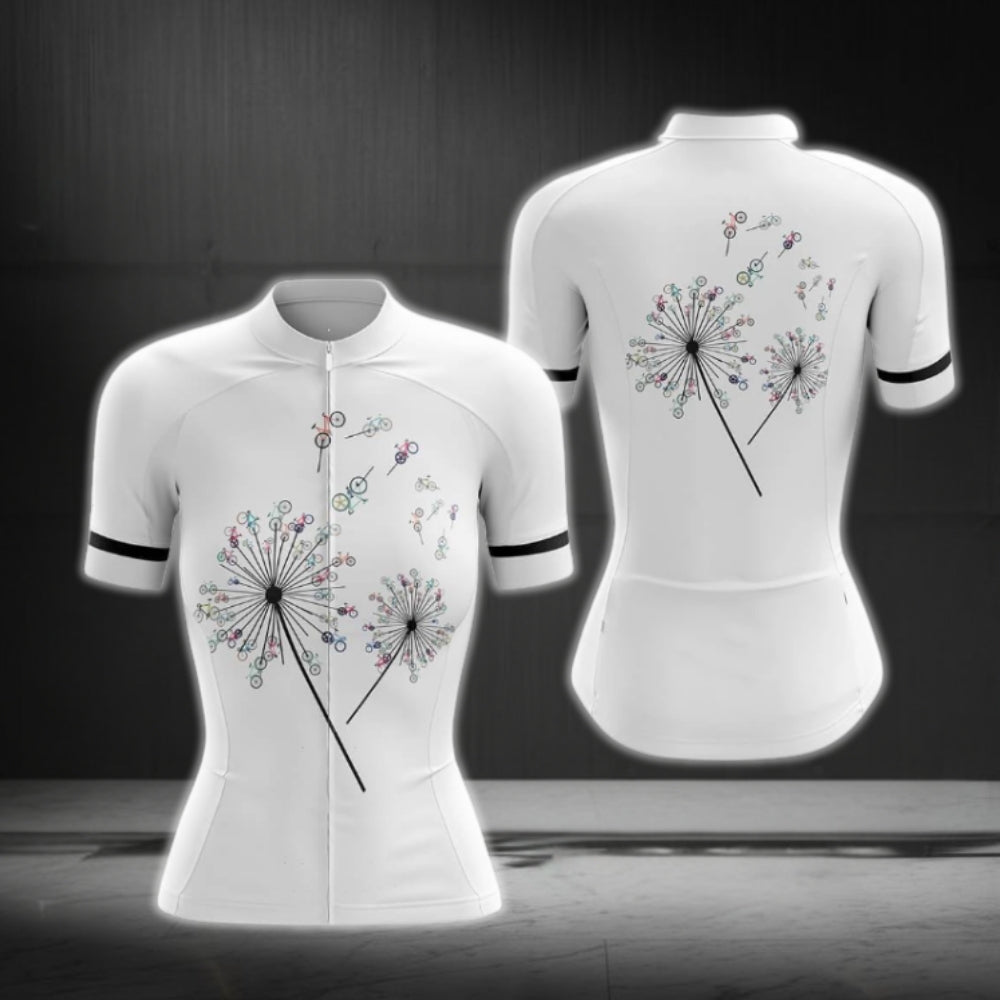 Dandelion Black And White Cycling Short Sleeve Cycling Jersey For Women, Dandelion Floral Cycling Jerseys CG0739