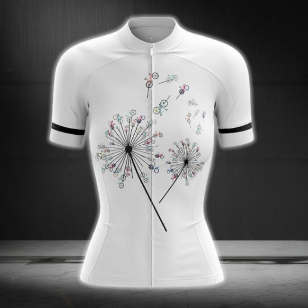 Dandelion Black And White Cycling Short Sleeve Cycling Jersey For Women, Dandelion Floral Cycling Jerseys CG0739