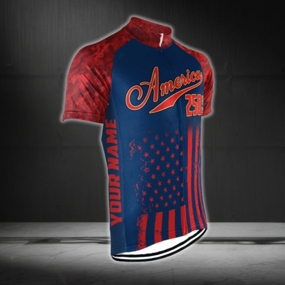 Custom 250 America US Flag Red And Blue Cycling Short Sleeve Men Jersey, Custom Cycling Jerseys For 250 Anniversary CG0679