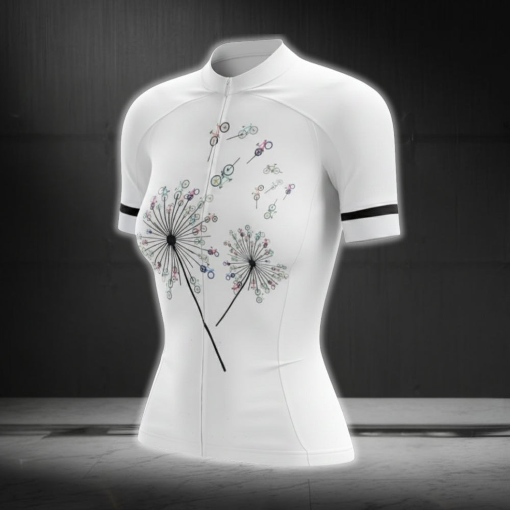 Dandelion Black And White Cycling Short Sleeve Cycling Jersey For Women, Dandelion Floral Cycling Jerseys CG0739