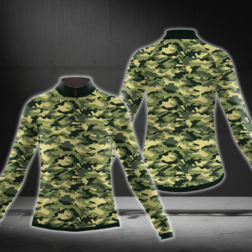 Green Camouflage Long Sleeve Women's Cycling Jersey, Camo Cycling Jerseys For Ladies CG0396