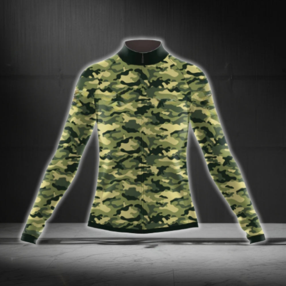 Green Camouflage Long Sleeve Women's Cycling Jersey, Camo Cycling Jerseys For Ladies CG0396