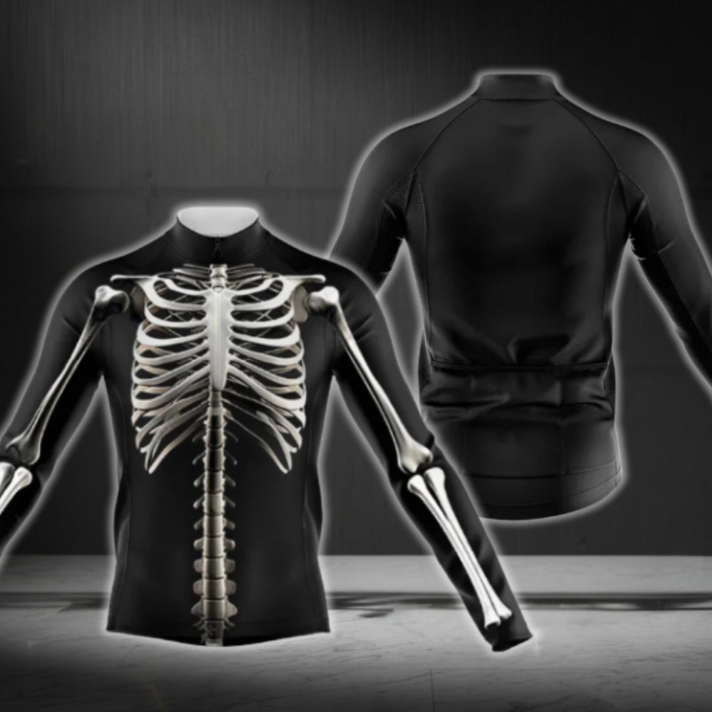 Black And White Skeleton Long Sleeve Cycling Mens Jersey, Skeleton Cycling Jerseys CG0719