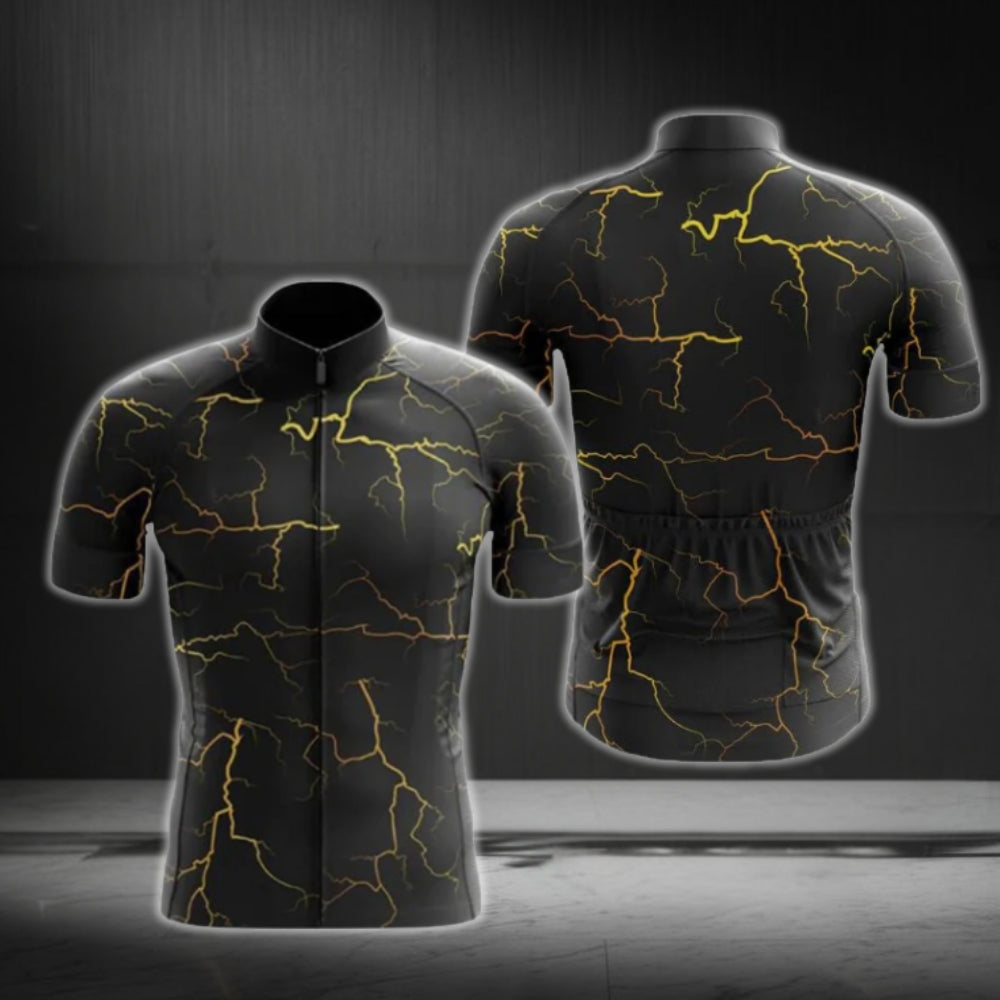Black And Yellow Thunder Lightning Short Sleeve Men's Cycling Jersey, Thunder Cycling Jerseys CG0683