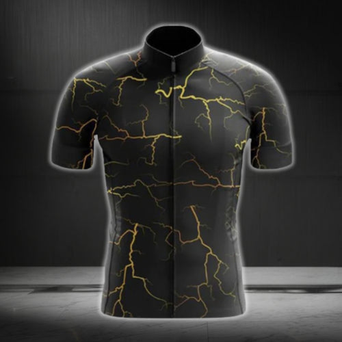 Black And Yellow Thunder Lightning Short Sleeve Men's Cycling Jersey, Thunder Cycling Jerseys CG0683