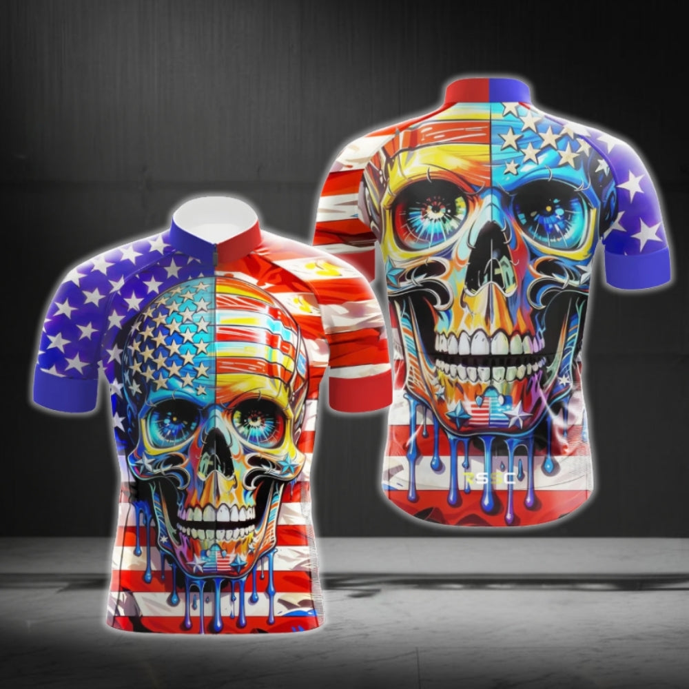 American Flag Skull Cycling Short Sleeve Jersey For Mens, Patriotic Skull Cycling Jerseys CG0397