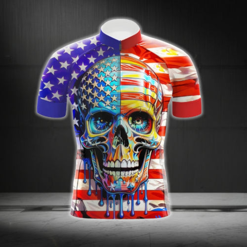 American Flag Skull Cycling Short Sleeve Jersey For Mens, Patriotic Skull Cycling Jerseys CG0397