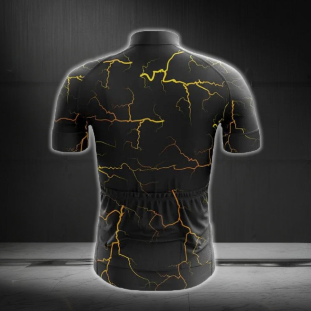 Black And Yellow Thunder Lightning Short Sleeve Men's Cycling Jersey, Thunder Cycling Jerseys CG0683