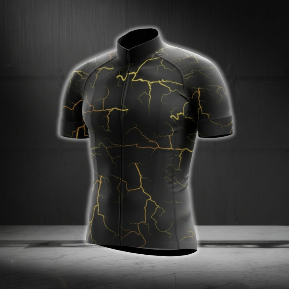 Black And Yellow Thunder Lightning Short Sleeve Men's Cycling Jersey, Thunder Cycling Jerseys CG0683