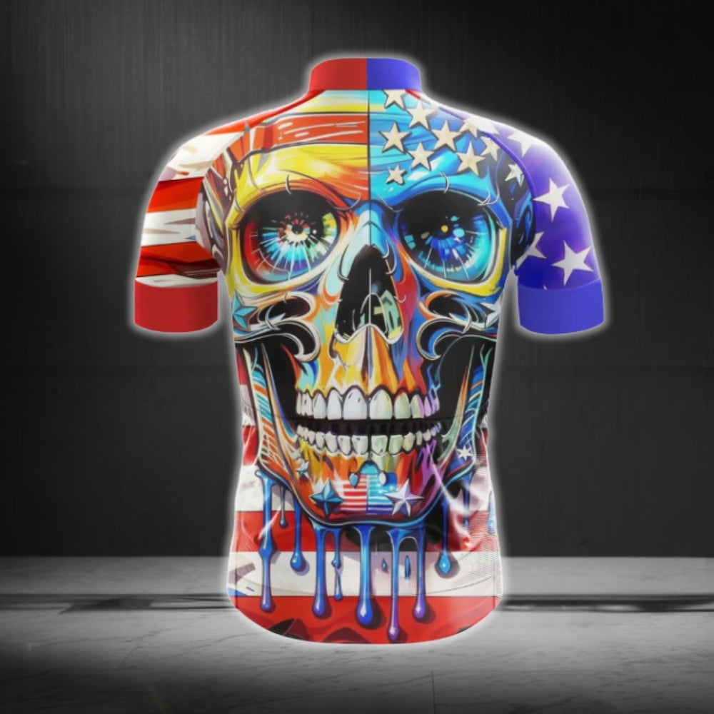 American Flag Skull Cycling Short Sleeve Jersey For Mens, Patriotic Skull Cycling Jerseys CG0397