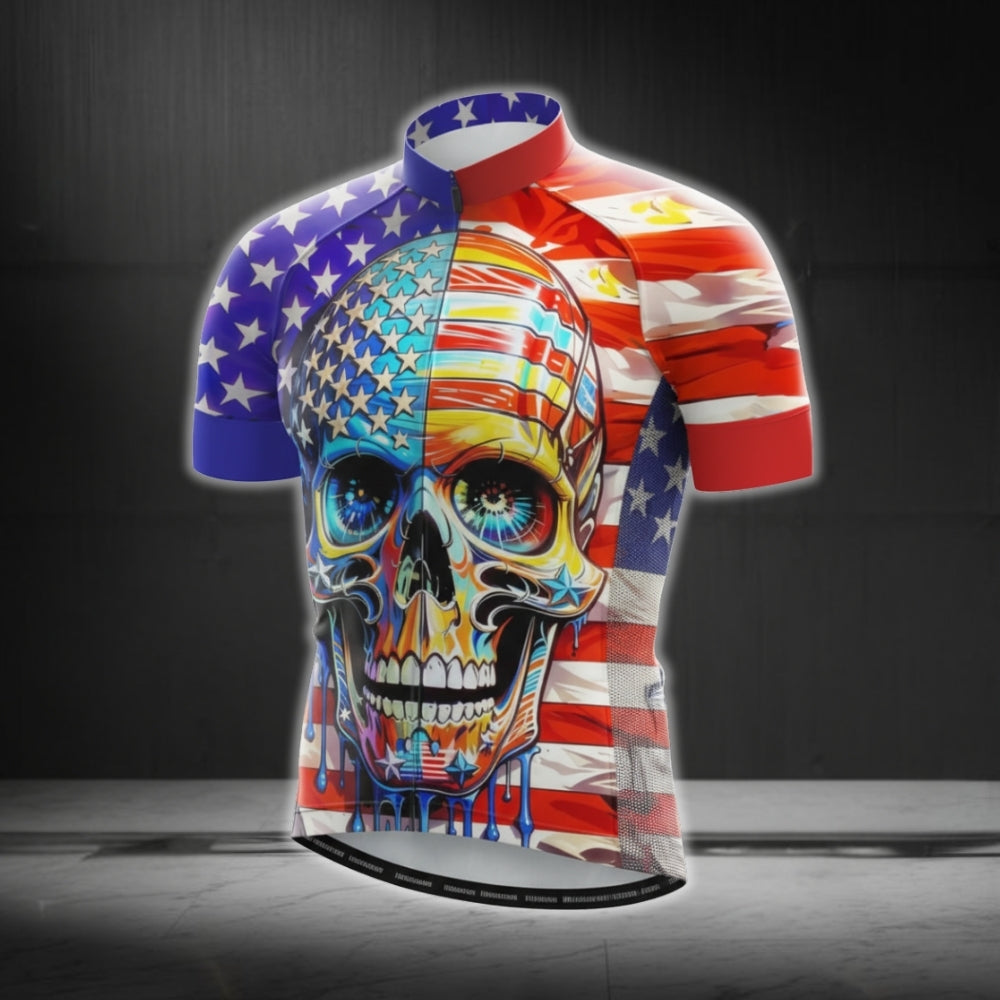 American Flag Skull Cycling Short Sleeve Jersey For Mens, Patriotic Skull Cycling Jerseys CG0397