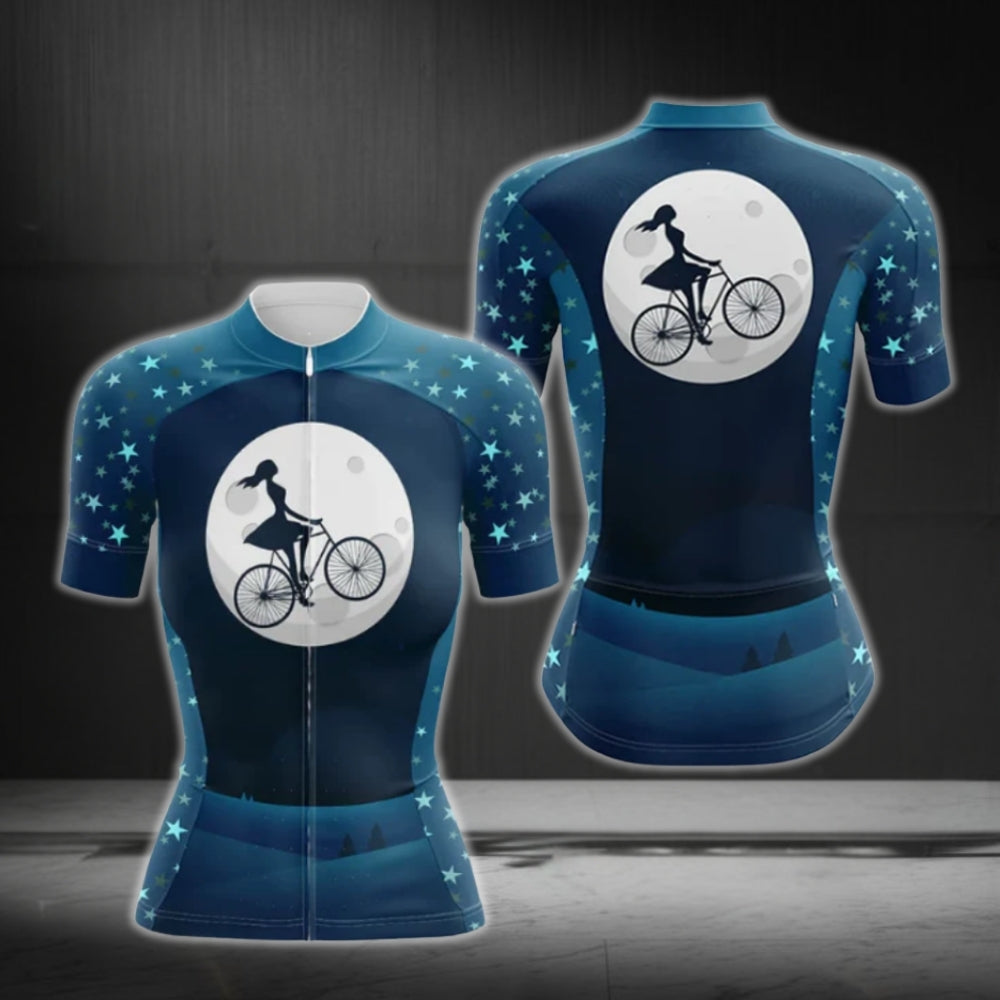 Women's Blue And White Star Cycling Short Sleeve Jersey, Cycling Jerseys For Women CG0745