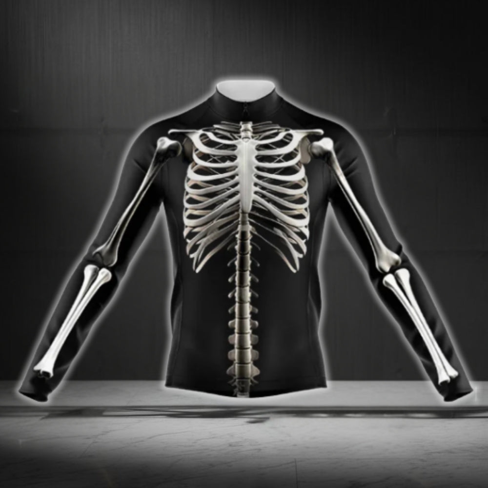 Black And White Skeleton Long Sleeve Cycling Mens Jersey, Skeleton Cycling Jerseys CG0719