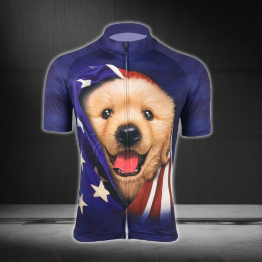 Puppy American Flag Men's Cycling Short Sleeve Jersey, Dog Patriotic Cycling Jerseys CG0364