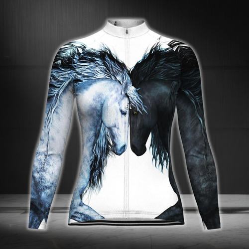 Black And White Horse Long Sleeve Cycling Jersey For Women, Horse Cycling Jerseys For Ladies CG0686