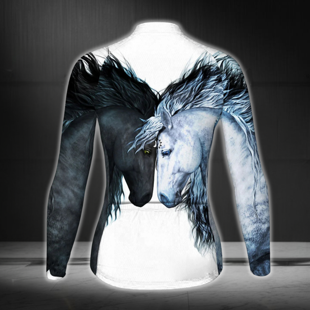 Black And White Horse Long Sleeve Cycling Jersey For Women, Horse Cycling Jerseys For Ladies CG0686