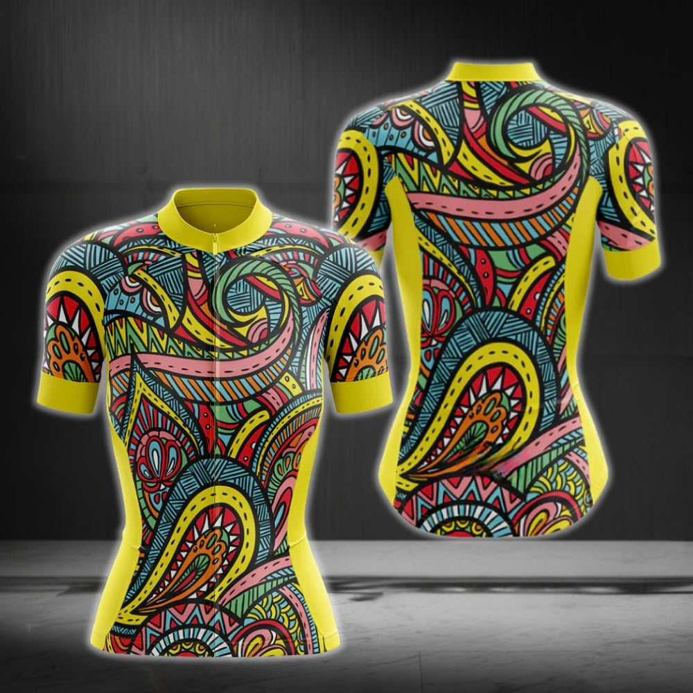 Colorful Vintage Paisley Women's Short Sleeve Cycling Jersey, Paisley Cycling Jersey For Ladies CG0174