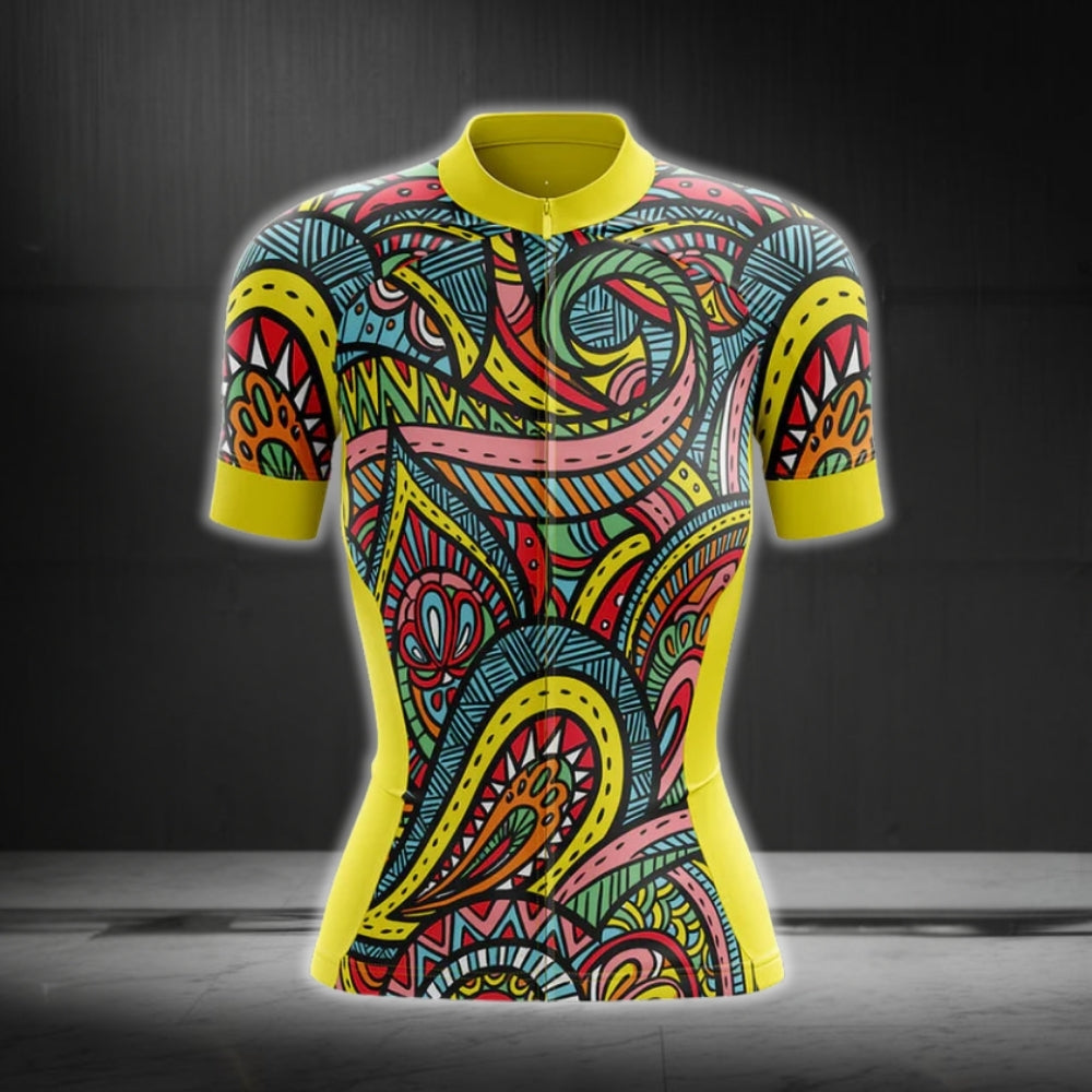 Colorful Vintage Paisley Women's Short Sleeve Cycling Jersey, Paisley Cycling Jersey For Ladies CG0174