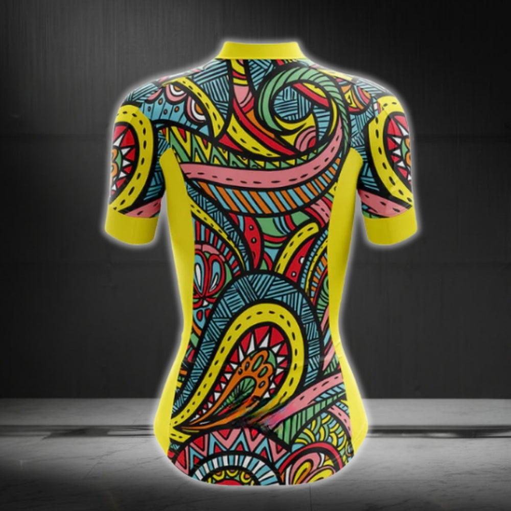 Colorful Vintage Paisley Women's Short Sleeve Cycling Jersey, Paisley Cycling Jersey For Ladies CG0174