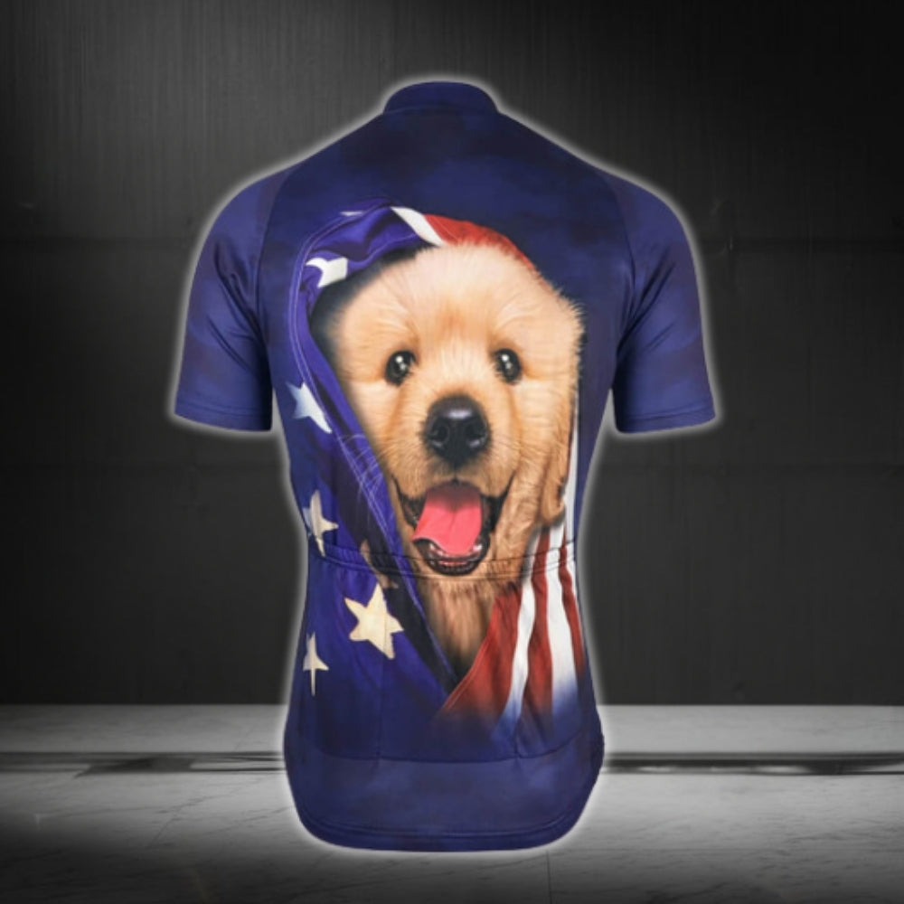 Puppy American Flag Men's Cycling Short Sleeve Jersey, Dog Patriotic Cycling Jerseys CG0364