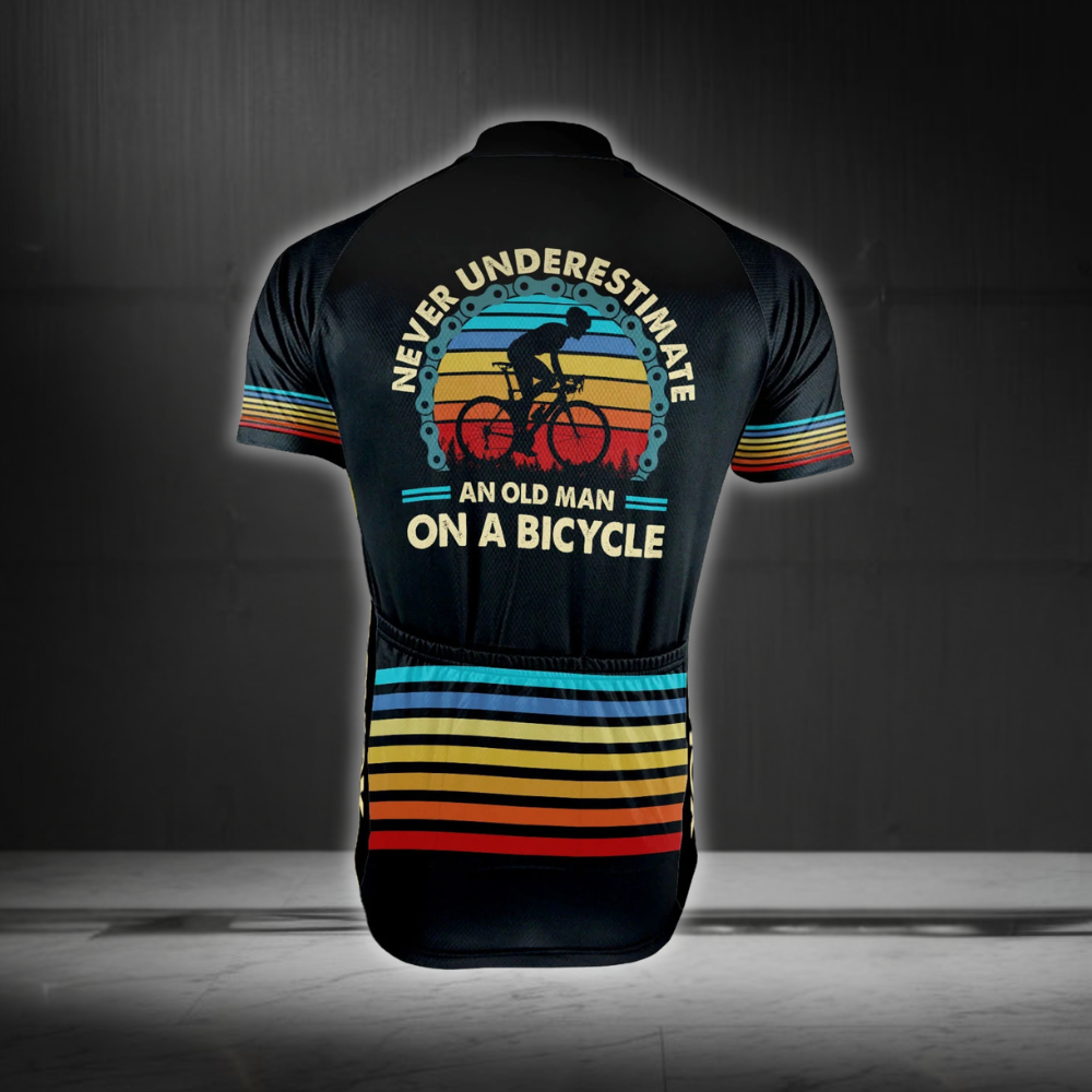 Custom Never Overestimate An Old Man On A Bicycle Cycling Short Sleeve Jersey For Men, Custom Funny Black Cycling Jersey CG0833