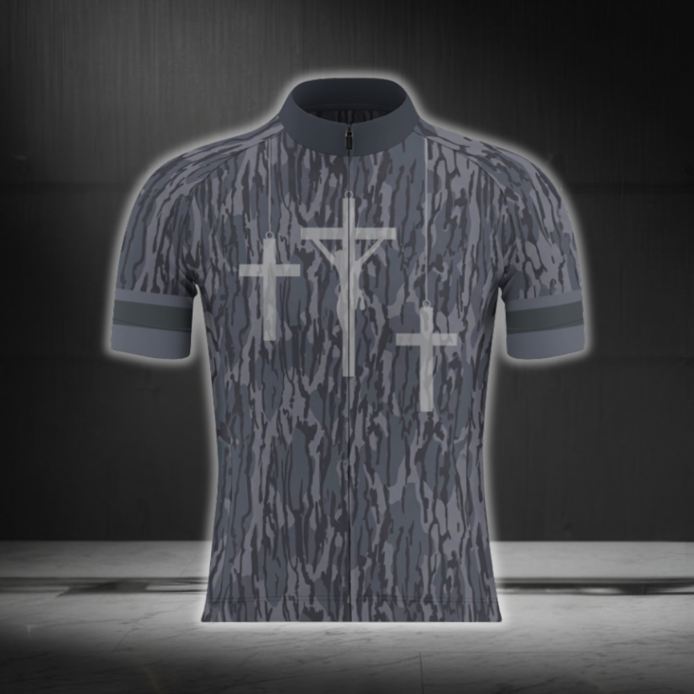 Cross Camouflage Grey Cycling Short Sleeve Jersey For Men, Christian Cycling Jersey CG0879